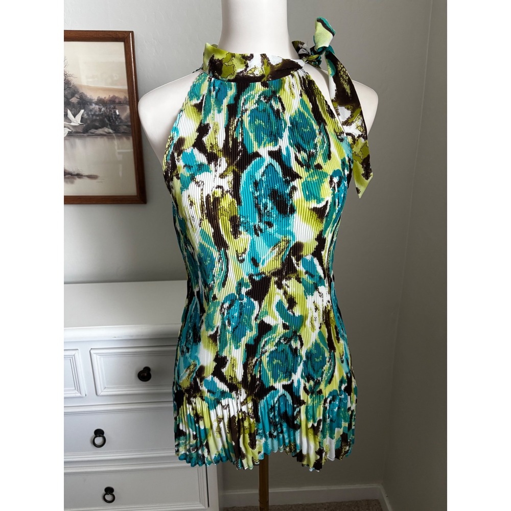 Sere Nade New York Plisse‎ Pleated Halter Top XL Turquoise Green Abstract Floral